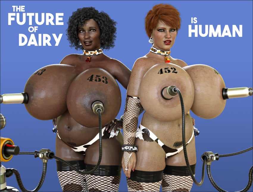 2girls 3d 3d_(artwork) barcode belly big_breasts breasts collar cow_print dark-skinned_female dark_skin disproportional female hucow huge_breasts hyper_breasts image milking_machine pregnant red_hair short_hair xalynne_blackblade