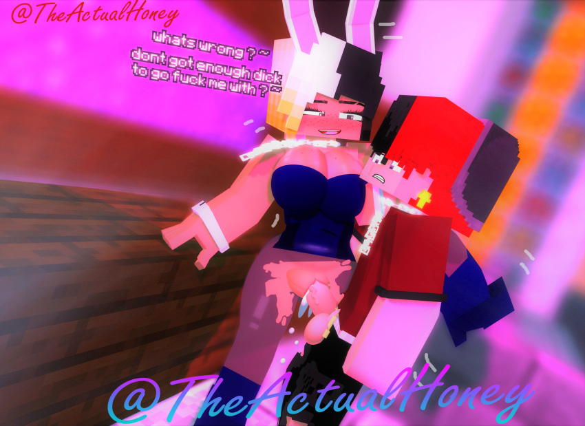 1boy 3d big_ass big_breasts big_butt black_and_blonde_hair black_hair blonde_hair blue_shirt blue_shoes bunny_ears bunnysuit club cum_dripping cum_in_pussy earring female fucked_sideways honey_(tah) leg_up male male_penetrating_female mine-imator minecraft penetration pole pussy red_hair red_shirt ripped_clothing ripped_pantyhose theactualhoney