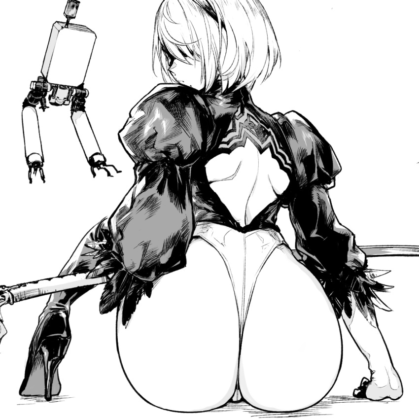 1girls 2robots android android_girl ass ass big_ass big_butt black_and_white black_blindfold blindfold clothed clothed_female enpix female female_focus female_only heels huge_ass huge_butt light-skinned_female light_skin looking_back nier nier:_automata nier_(series) robot robot_girl robot_humanoid short_hair solo solo_female solo_focus sword video_game_character weapon white_hair yorha_2b