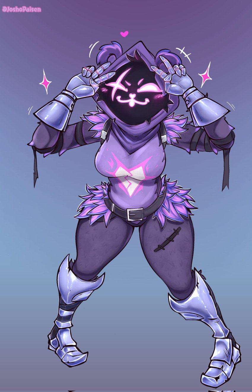 armored_boots armored_gloves bear bear_costume bear_ears black_belt epic_games fortnite fortnite:_battle_royale glowing_eyes glowing_mouth gray_fur heart_symbol hood pink_heart raven_team_leader shadowed_face