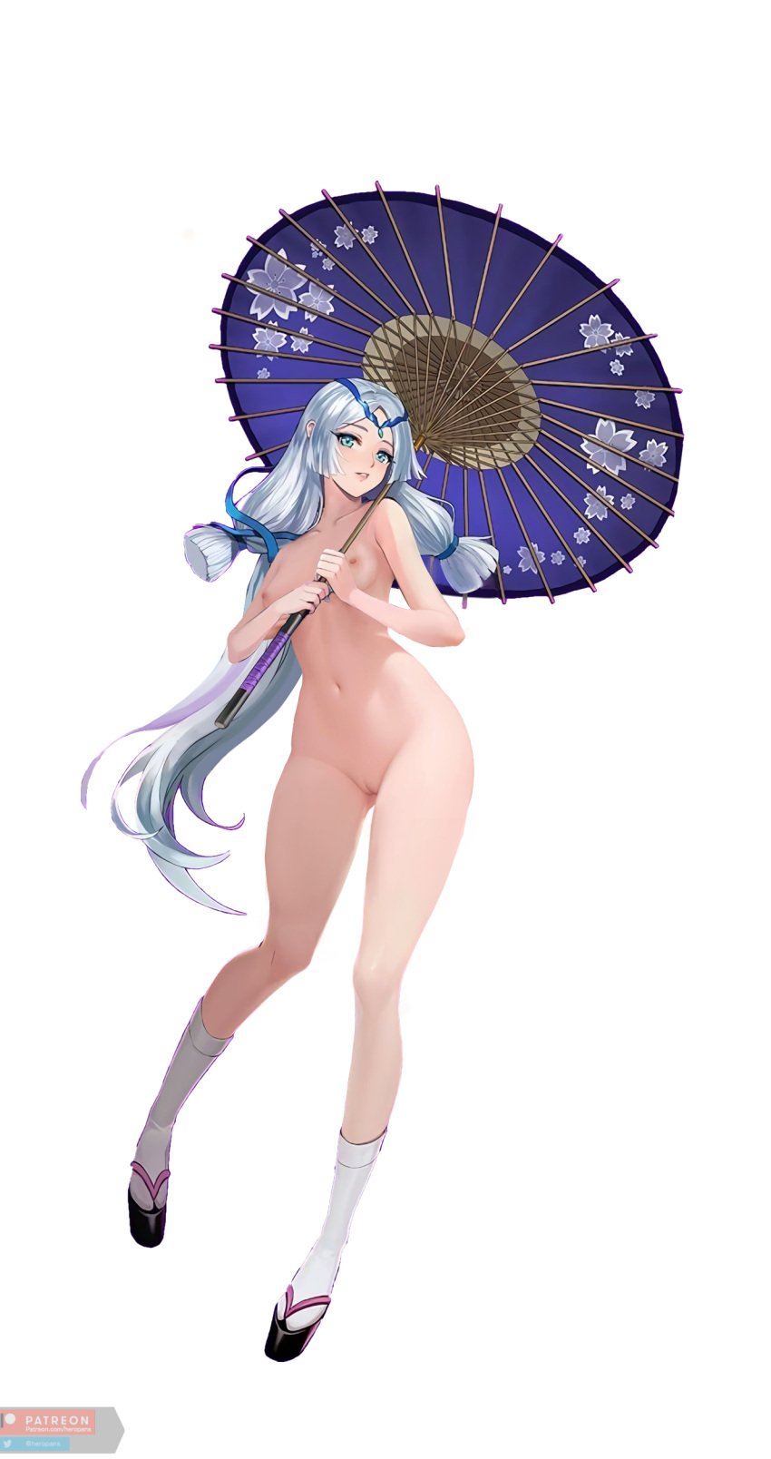 anime_style aqua_eyes areolae breasts female heropans kagura_(mobile_legends) long_hair looking_at_viewer mobile_legends mobile_legends:_adventure nipples nude pussy silver_hair socks solo standing tied_hair umbrella vagina