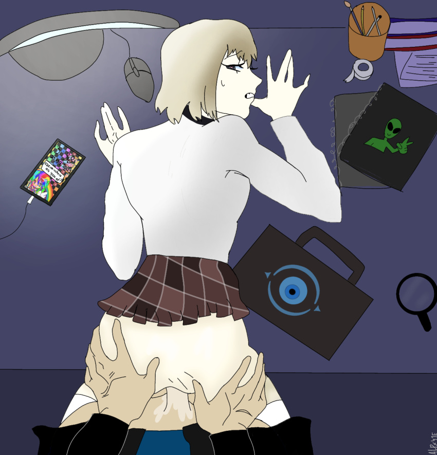 back_fucking back_view black_choker black_coat blonde_hair blue_eyes blue_shirt brown_skirt computer desk dib_membrane female heart-shaped_pupils magnifying_glass marie_(alpxy1e) night oc original_character pale_skin phone_screen self_insert sex_from_behind sex_in_skirt white_legwear white_shirt