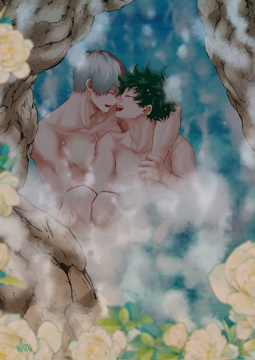 2boys abs boku_no_hero_academia closed_eyes gay green_hair izuku_midoriya male male/male male_focus male_only midoriya_izuku multicolored_hair muscular_male my_hero_academia nipples nude onsen open_mouth red_hair shouto_todoroki todoroki_shouto warnhomura white_hair yaoi