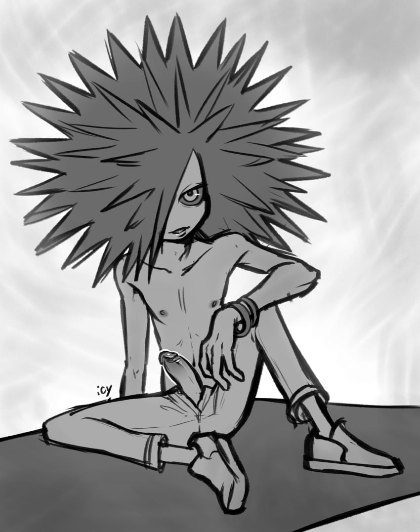 1boy anthro bracelets collarbone greyscale hand_on_knee humanoid iseenudepeople male_only marine narrowed_eyes nintendo nipples pants penis penis_out sea_urchin shoes sitting skinny spiky_hair splatoon spyke_(splatoon)