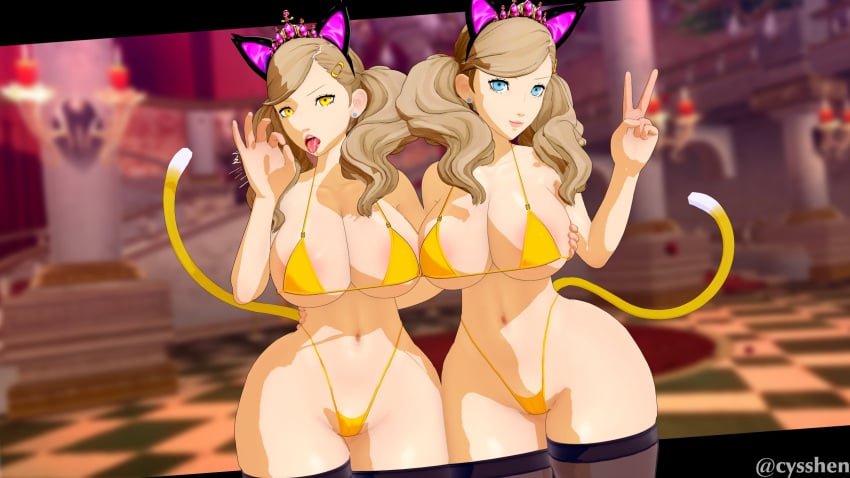 2girls ann_takamaki areola_slip bikini blonde_hair blowjob_gesture breasts cat_ears cat_tail cognitive_ann cyshen fellatio_gesture female_only huge_breasts persona persona_5 persona_5_royal tagme wide_hips