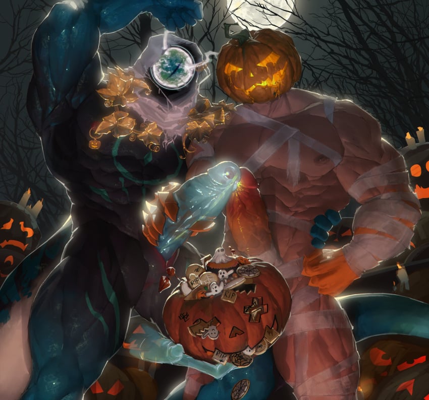 2023 2boys bara bara_tits barazoku erection gay halloween hand_on_penis handjob hard_on hi_res holidays huge_cock jack-o'-lantern jack_o'_lantern male male/male male_focus male_nipples male_only manly masturbation monster muscular_male nipples penis pumpkin pumpkin_head pumpkin_head_(character) solo_male touching_penis yaoi