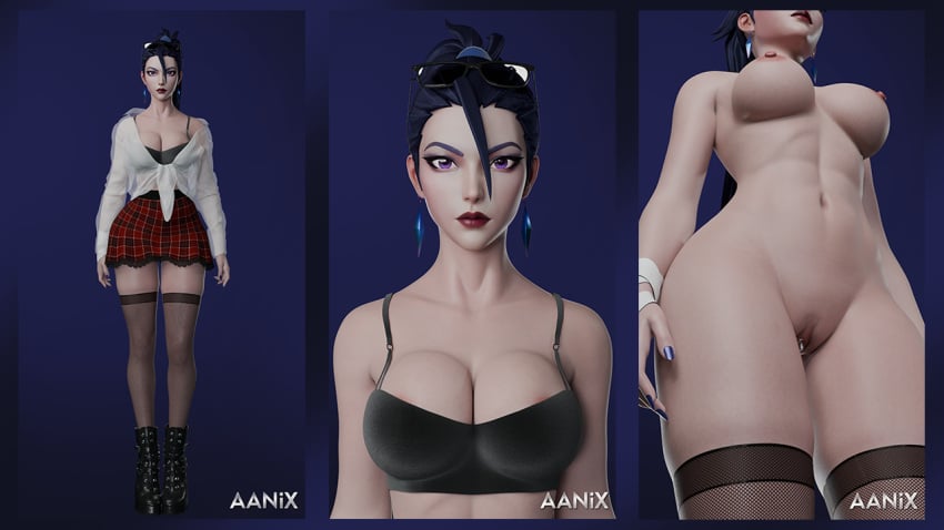 1girls 3d 3d_(artwork) aanix areolae black_hair blue_nails boots breasts completely_nude completely_nude_female earrings image kai'sa league_of_legends looking_at_viewer medium_breasts nipples nude nude_female purple_eyes pussy red_lipstick riot_games skirt solo solo_female stockings sunglasses tagme tank_top vagina wide_hips