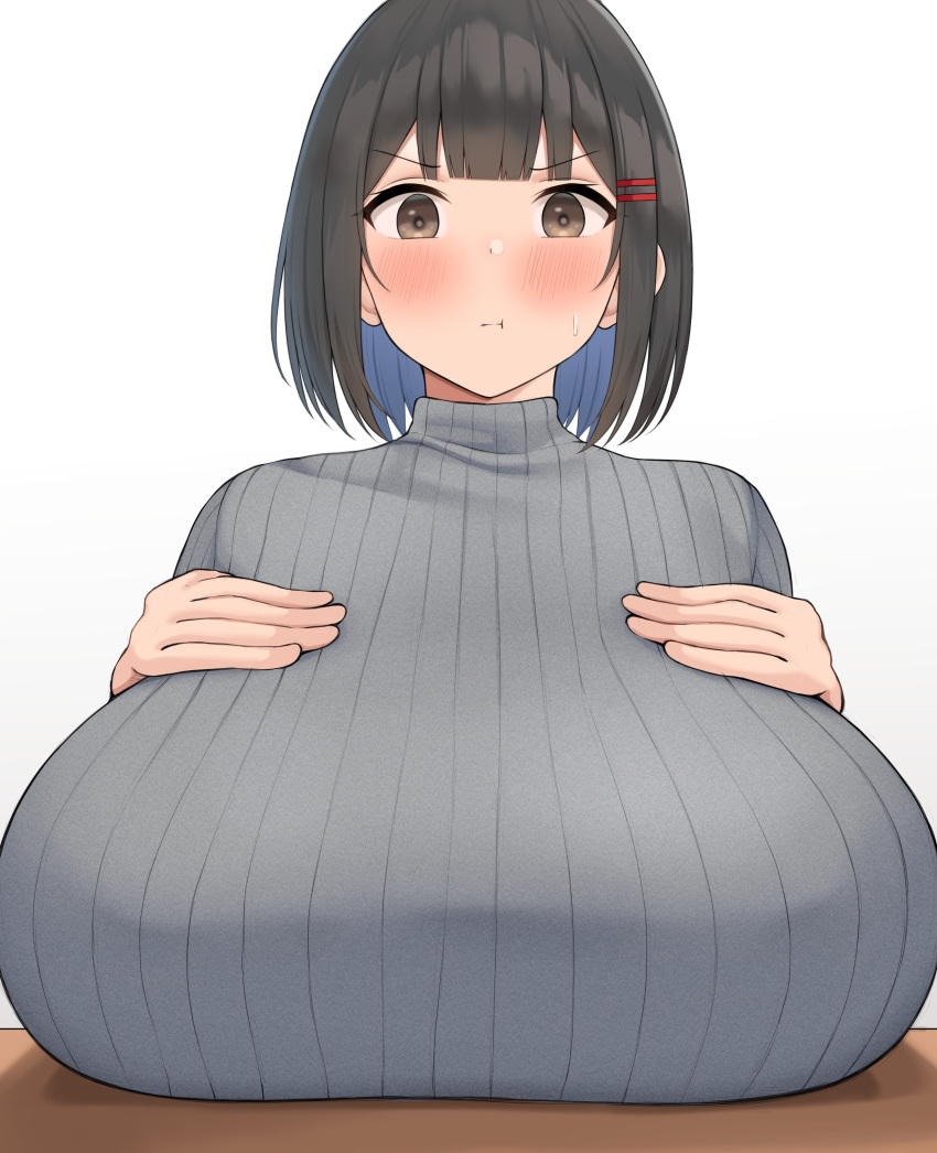 1girls breast breasts brown_eyes brown_hair female huge_breasts massive_breasts neneneji original original_character short_hair sweater