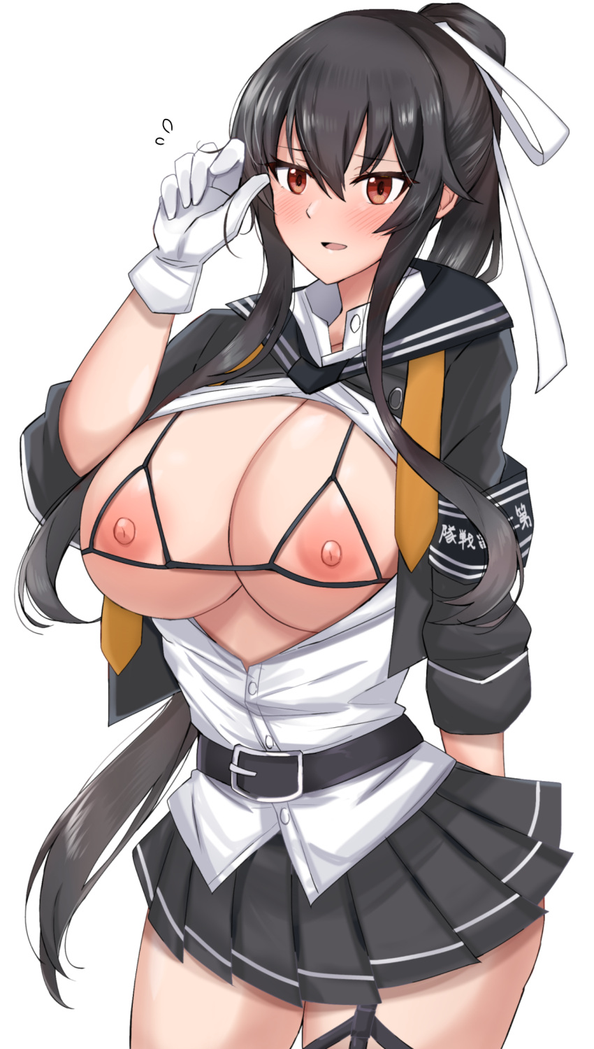 absurdres belt black_belt black_hair breasts breasts_out cleavage closed_mouth female female_only gloves grey_skirt hachimaki highres huge_breasts kantai_collection large_breasts light-skinned_female light_skin looking_at_viewer miniskirt nipples orange_eyes pleated_skirt ponytail simple_background skirt smile solo solo_female toshimasa_(ztvy3575) uniform variant_set white_background white_gloves yahagi_(kantai_collection) yahagi_kai_ni_(kantai_collection)