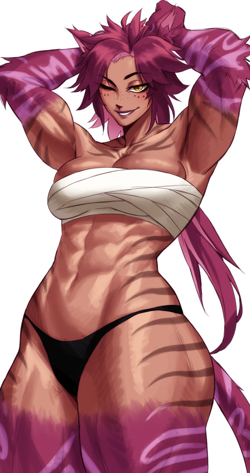 1girls abs amber_eyes animal_ears bandaged_chest bandages commission female female_only hands_behind_head humanoid light-skinned_female light_skin long_hair looking_at_viewer muscles muscular muscular_female pantherine pantherine_humanoid purple_body purple_hair smiling smiling_at_viewer solo sotcho striped_body tail thick_thighs thong very_high_resolution white_background wink winking_at_viewer