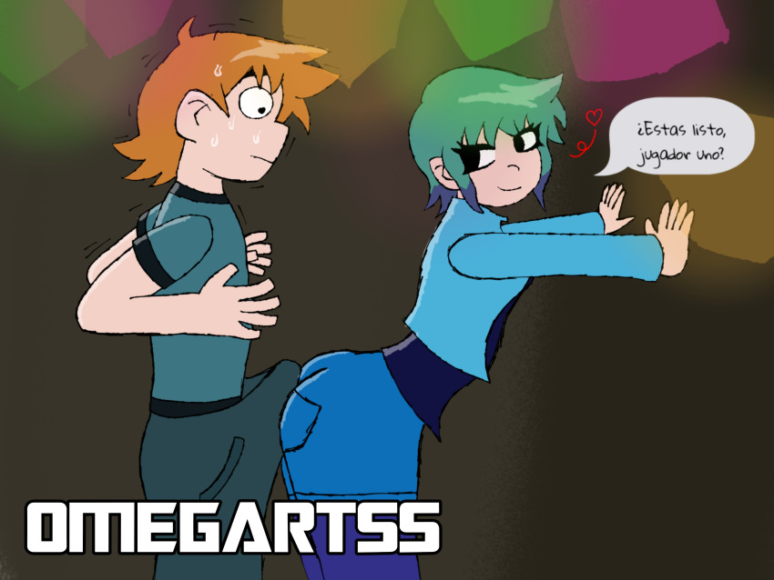 1boy 1girls against_wall ahoge black_eyes buttjob clothed erection erection_under_clothes female green_hair heart looking_back male omegart55 orange_hair purple_hair ramona_flowers scott_pilgrim scott_pilgrim_takes_off scott_w_pilgrim self_upload short_hair spanish_text sweat two_tone_hair