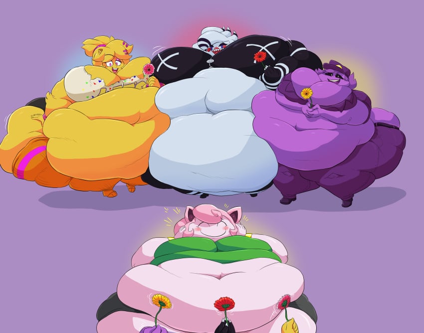 2d 4girls bbw big_belly big_breasts big_butt cally3d chica_(cally3d) chica_(fnaf) chiku chiku_(cryptia) cute devonjpuff digital_media_(artwork) fat fat_rolls five_nights_at_freddy's gulpspooky jigglypuff marie_(cally3d) marie_(cryptia) marionette_(fnaf) morbidly_obese_female obese pokemon_(species) puppet_(fnaf) ssbbw wendy_afton