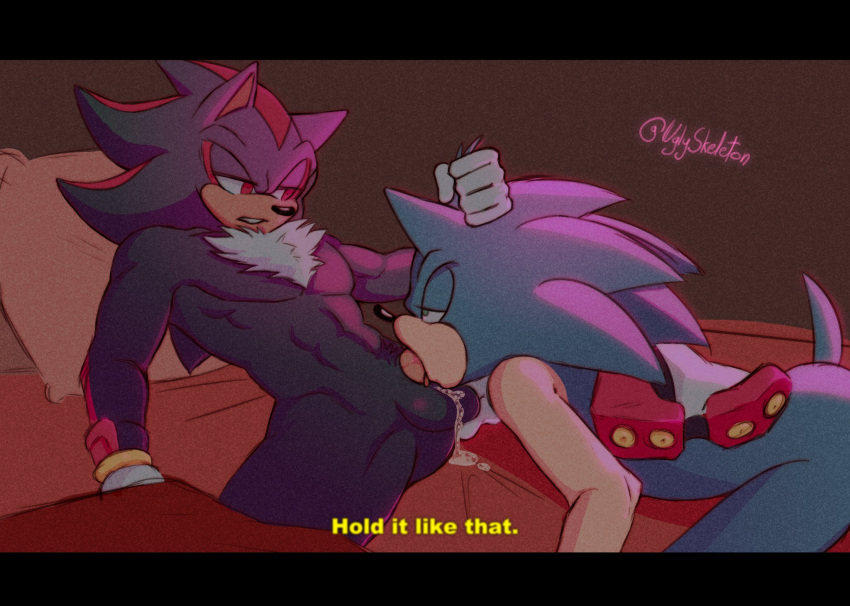 2boys abs anthro balls bodily_fluids cocky cum cum_in_mouth cum_inside duo feet_on_body gay genital_fluids genitals hi_res leg_around_head male male/male male_only oral penis sega shadow_the_hedgehog sonic_(series) sonic_the_hedgehog sonic_the_hedgehog_(series) uglyskeleton verbal yaoi