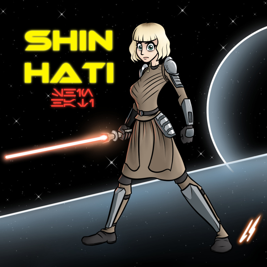 2d alternate_version_available blonde_hair bridge character_name clothed clothing fully_clothed lightsaber looking_at_viewer lord_sarloc shin_hati standing star_wars star_wars:_ahsoka text world_between_worlds