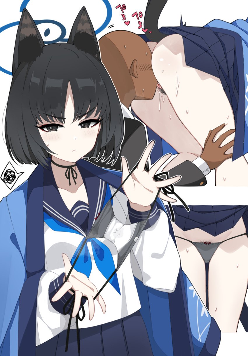 1boy allied_hyakkiyako_academy_student animal_ears ass black_eyes black_hair black_panties black_sailor_collar blue_archive blue_halo blue_neckerchief cat's_cradle cat_ears cunnilingus faceless faceless_male female female_pubic_hair halo haori heart highres hyakkaryouran_conflict_resolution_council_(blue_archive) japanese_clothes k-y kikyou_(blue_archive) licking long_sleeves multiple_views neckerchief oral panties pubic_hair sailor_collar school_uniform serafuku short_hair simple_background spoken_squiggle squiggle tongue tongue_out underwear white_background