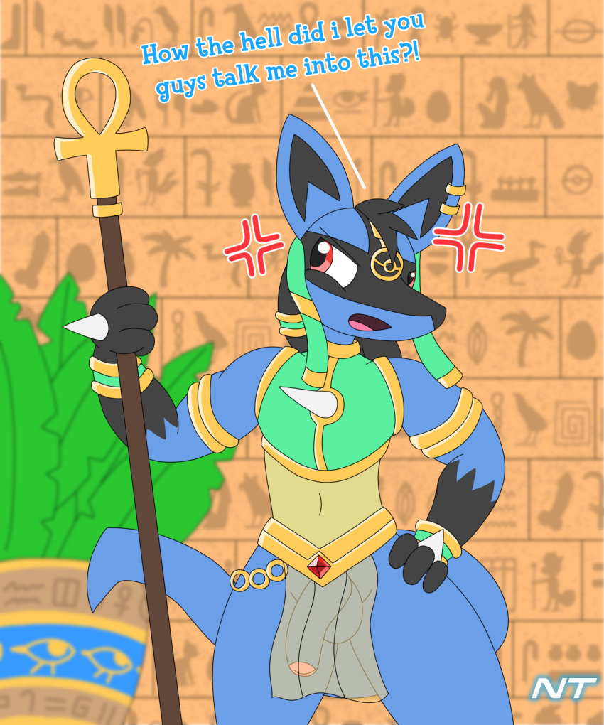 absurd_res angry ankh anthro blue_body blue_fur bottomwear bracelet canid canine clothed clothing crop_top cross-popping_vein dialogue ear_piercing ear_ring egyptian egyptian_clothing fur gem generation_4_pokemon genitals hair hand_on_hip head_tuft headdress hi_res hieroglyphics holding_object holding_staff humanoid_genitalia humanoid_penis jewelry loincloth looking_away lucario male mammal ninjatreecko nintendo open_mouth penis piercing plant pokemon pokemon_(species) pokemon_unite pokemorph red_eyes ring_piercing shirt skimpy solo staff standing tagme tail topwear translucent translucent_bottomwear translucent_clothing tuft wall_art zane_aurastar