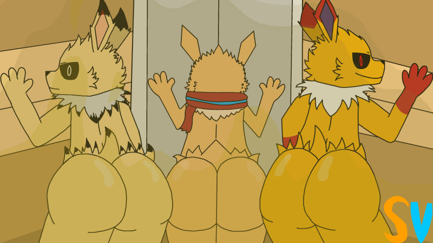 2023 absurd_res anthro ass bent_over butt_focus clothed clothing digital_media_(artwork) eeveelution elevator fart fart_cloud fart_fetish first_person_view fur generation_1_pokemon group head_tuft hi_res hotbox inside jolteon lightwavethejolteon looking_at_viewer male male/male multicolored_body multicolored_fur musk_clouds neck_tuft nintendo nude partially_clothed pokemon pokemon_(species) presenting presenting_hindquarters raised_arm rear_view scarf smile smiling_at_viewer smirk smirking_at_viewer speedyvibes speedyvibes(character) toony trio tuft vibesthejolteon