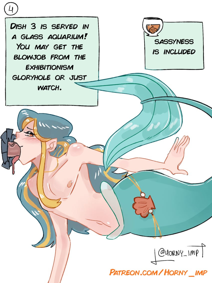 blush comic dialogue fellatio floating genitals girly glory_hole hair hi_res horny_imp humanoid jewelry long_hair male male/male marine merfolk mermaid_tail nipples oral penile penis sex solo speech_bubble split_form