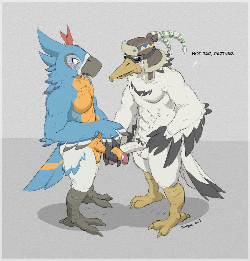 2023 abs anthro avian beak belly biped bird bird_feet bird_humanoid blue_body blush breath_of_the_wild colored countershading dialogue duo english_text erection eyewear feathered_wings feathers frothing fur furry gay genitals glans goggles grey_beak hand_on_penis handjob hi_res humanoid_genitalia humanoid_penis kass_(tloz) male male/male mostly_nude muscular muscular_anthro muscular_male nintendo nude penile penis penn_(legend_of_zelda) pink_glans rito scuted_legs scutes sex signature simple_background size_comparison tail_feathers talking_to_another tears_of_the_kingdom text the_legend_of_zelda white_penis winged_arms wings yaoi yellow_beak yellow_belly yellow_body yellow_countershading yiff zerofox1000