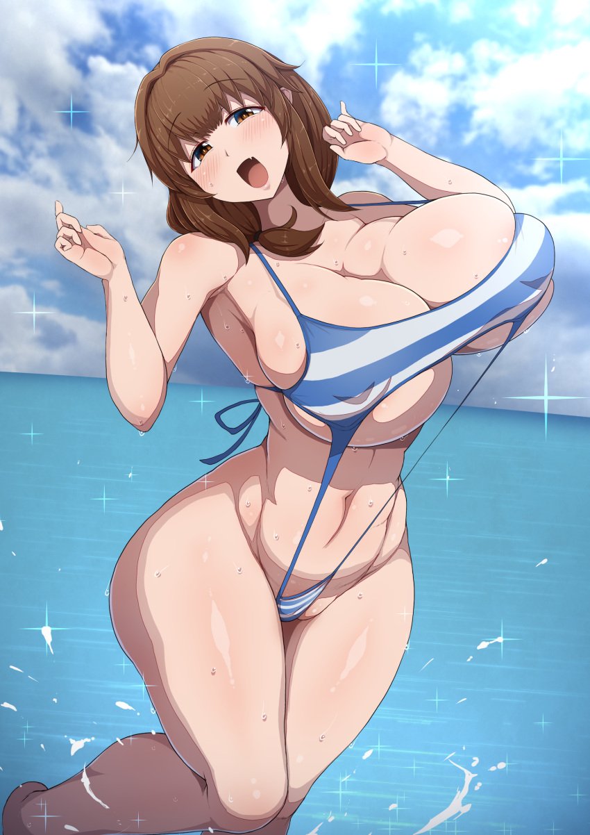 1girls and armpits belly_button breasts brown_hair feet female female_only hi_res hips huge_breasts kotobuki_mayuki light-skinned_female light_skin long_hair ponpo seitokai_ni_mo_ana_wa_aru! solo there_is_also_a_hole_in_the_student_organization! wide_hips