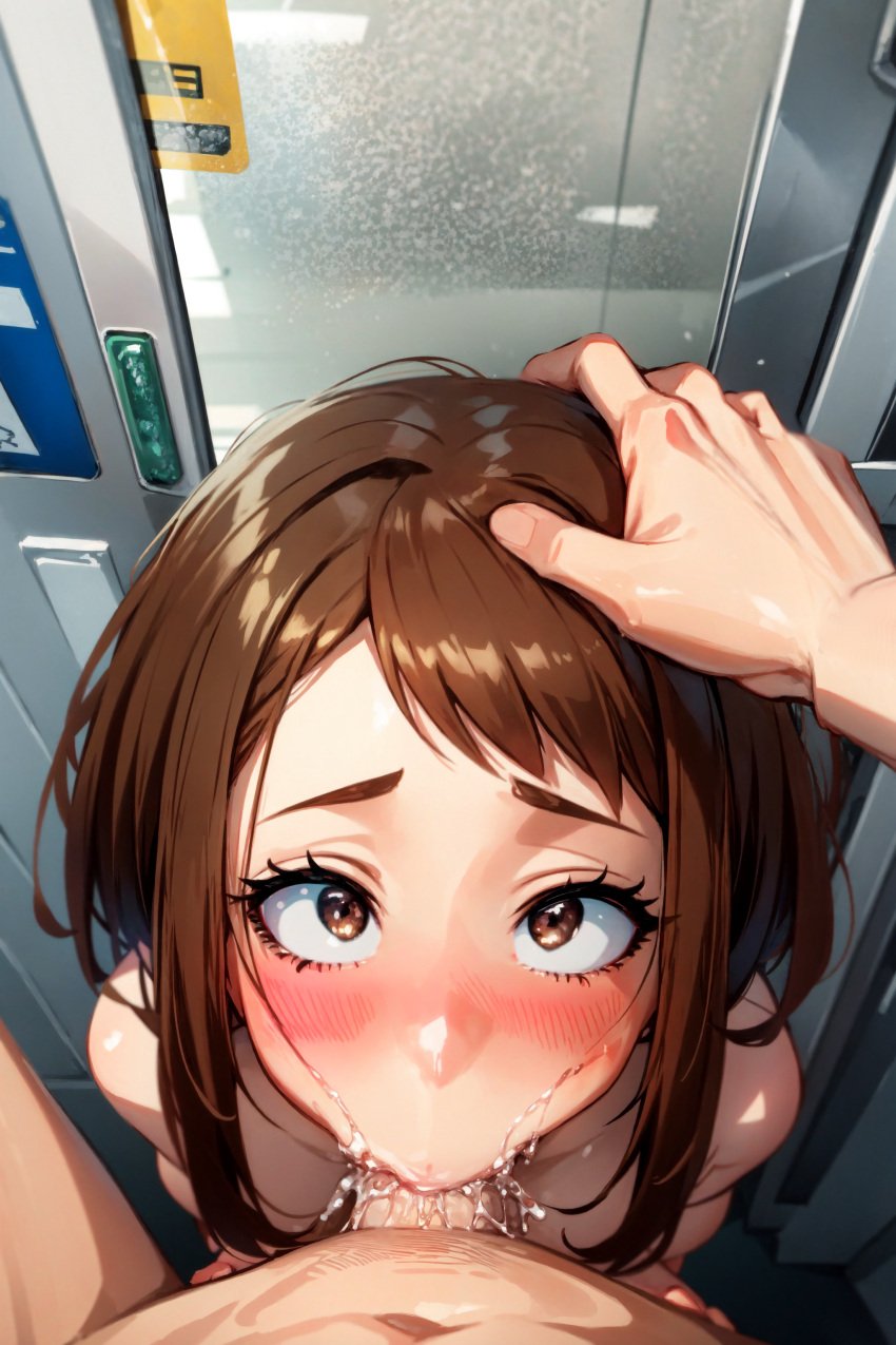 1boy 1girls ai_generated blowjob blush boku_no_hero_academia brown_eyes brown_hair cum deepthroat fellatio from_above hand_on_another's_head head_grab hi_res highres irrumatio looking_at_viewer my_hero_academia ochako_uraraka oral pleading pov saliva short_hair sidelocks straight train_interior uraraka_ochako vacuum_fellatio zzz7