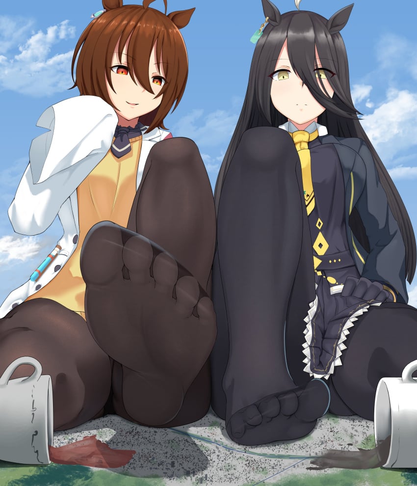 2girls agnes_tachyon_(umamusume) black_hair brown_hair feet female foot_fetish foot_focus footwear fully_clothed manhattan_cafe_(umamusume) multiple_girls tagme toes umamusume