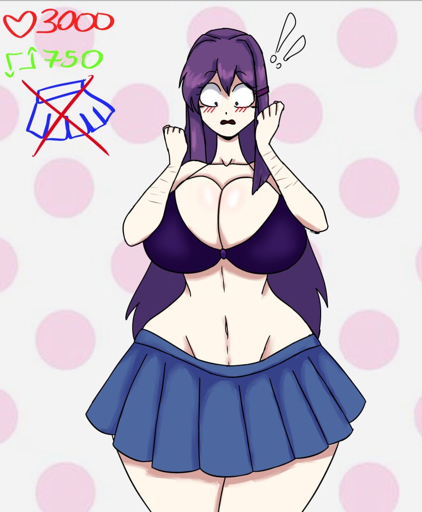 2023 alternate_breast_size blue_skirt blush breasts_bigger_than_head cut_mark doki_doki_literature_club embarrassed embarrassed_underwear_female embarrassed_undressed_female euf female full_comfort full_comfort_(strip_game) full_comfort_yuri_(strip_game) huge_breasts huge_hips nervous part_3 purple_bra purple_hair scars_on_arm schoolgirl strip_game underwear undressed wide_hips yuri_(doki_doki_literature_club)