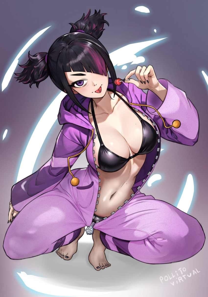 1girls abstract_background alternate_costume artist_name asymmetrical_bangs bangs barefoot bikini black_bikini black_hair black_nails breasts candy capcom cleavage collarbone eyelashes eyeliner feet female female_only full_body hair_horns hair_over_one_eye head_tilt highres holding_candy hood hood_down human juri_han large_breasts lollipop looking_at_viewer messy_hair nail_polish navel official_alternate_costume onesie pajamas pink_hair pollito_virtual purple_eyes shiny_skin sidelocks signature solo squatting streaked_hair street_fighter street_fighter_6 tiptoes toenail_polish toes tongue tongue_out two_tone_hair unzipped