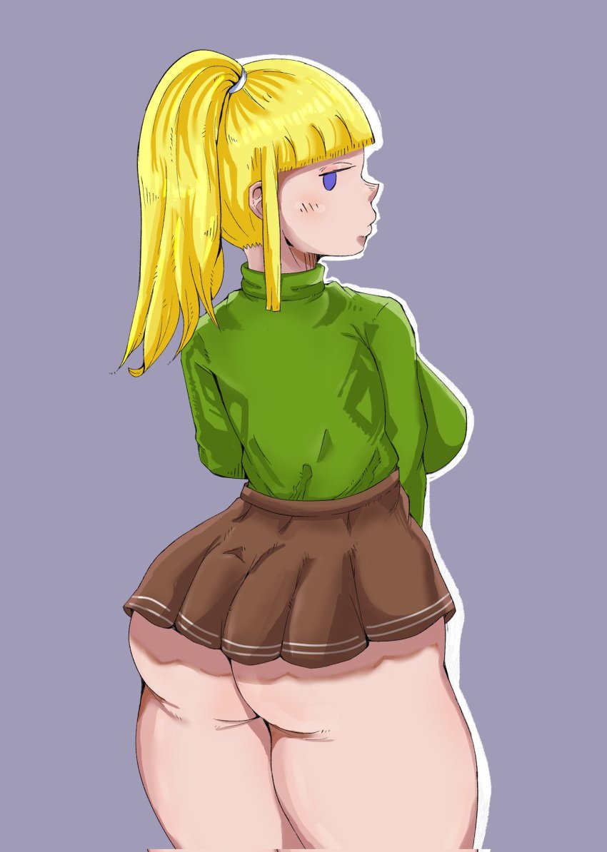 1girls ass big_ass big_breasts blonde_hair blue_eyes brown_skirt dat_ass green_sweater looking_at_viewer looking_back partially_clothed poniko skirt small_skirt solo solo_female thick_ass wallstapless yume_nikki