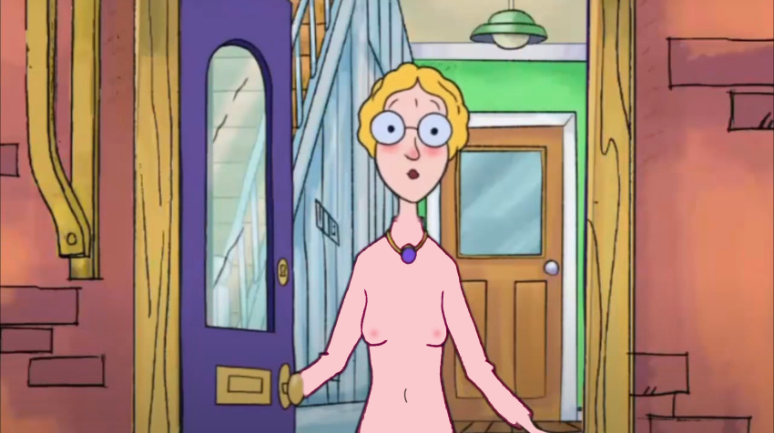 blonde_hair blush breasts cartoony casual_exposure casual_nudity exhibitionism female female_only glasses hair_up horrid_henry horrid_henry's_mum human milf mother mum_(horrid_henry) naked necklace nipples nude open_mouth pink_nipples saggy_breasts small_boobs small_breasts uncensored