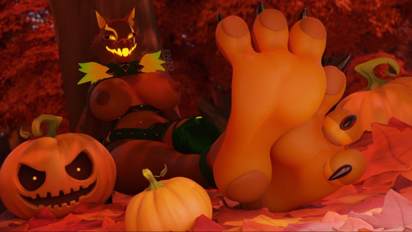 16:9 3d 3d_(artwork) anklet anthro anthro_only areola armor autumn autumn_leaves barefoot big_breasts bigdogenzo black_claws blender_(software) breasts brown_areola brown_body brown_nipples canid canine canis claws clothing digital_media_(artwork) epic_games feet female food foot_fetish foot_focus forest fortnite fruit fur fur_trim_(clothing) furry furry_only glowing glowing_eyes glowing_mouth highwire_(fortnite) holidays jack-o'-lantern jewelry leaves_on_ground leg_armor looking_at_viewer mammal multicolored_body nipples nude orange_body outside pack_leader_highwire pawpads paws plant plantigrade pumpkin smile solo toes tree two_tone_body two_tone_feet widescreen wolf wolf_ears wolf_girl