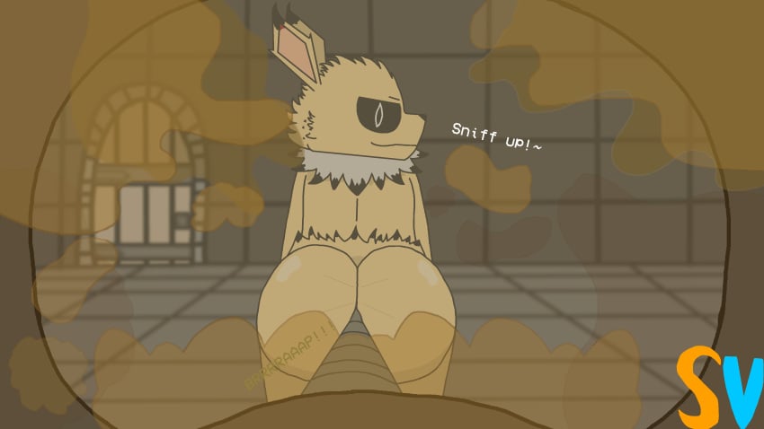 16:9 2023 absurd_res anthro ass bent_over blurred_background butt_focus digital_drawing_(artwork) digital_media_(artwork) dungeon eeveelution english_text fart fart_cloud fart_fetish first_person_view fur gas_mask generation_1_pokemon hi_res jolteon looking_at_viewer male male/male mask multicolored_body multicolored_fur nintendo pokemon pokemon_(species) shaded simple_shading smelly smile smiling_at_viewer smirk smirking_at_viewer smug_grin solo speedyvibes stink_fumes text trapped vibesthejolteon widescreen