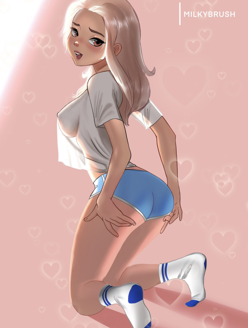 1girls ass big_breasts blonde_hair breasts_visible_through_clothing brown_eyes hearts holding_ass holding_own_ass kneeling looking_back milkybrush open_mouth original_character pale-skinned_female pink_background rear_view shorts socks white_shirt white_topwear