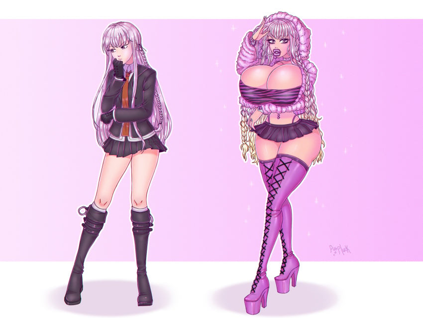 1girls alternate_version_available ass_expansion before_and_after bimbo bimbo_body bimbo_lips bimbofication bimbofied breast_expansion danganronpa female female_only hair_growth high_heel_boots high_heels hourglass_expansion huge_ass huge_breasts kirigiri_kyouko lip_expansion midriff navel platform_heels purpluck solo thick_lips thick_thighs thigh_expansion thighs transformation wide_hips