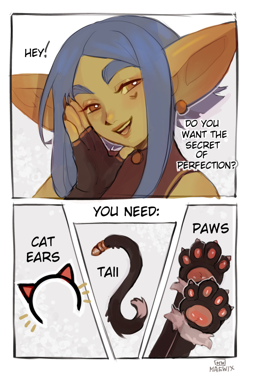 1girls absurd_res big_ears blue_eyebrows blue_hair buttplug_tail cat_ears_hairband cat_paws dialogue english_text female female_only goblin goblin_female green_skin looking_at_viewer maewix1 orange_eyes pointy_ears rissma_(maewix1) smiling smiling_at_viewer solo talking_to_viewer text thick_eyebrows