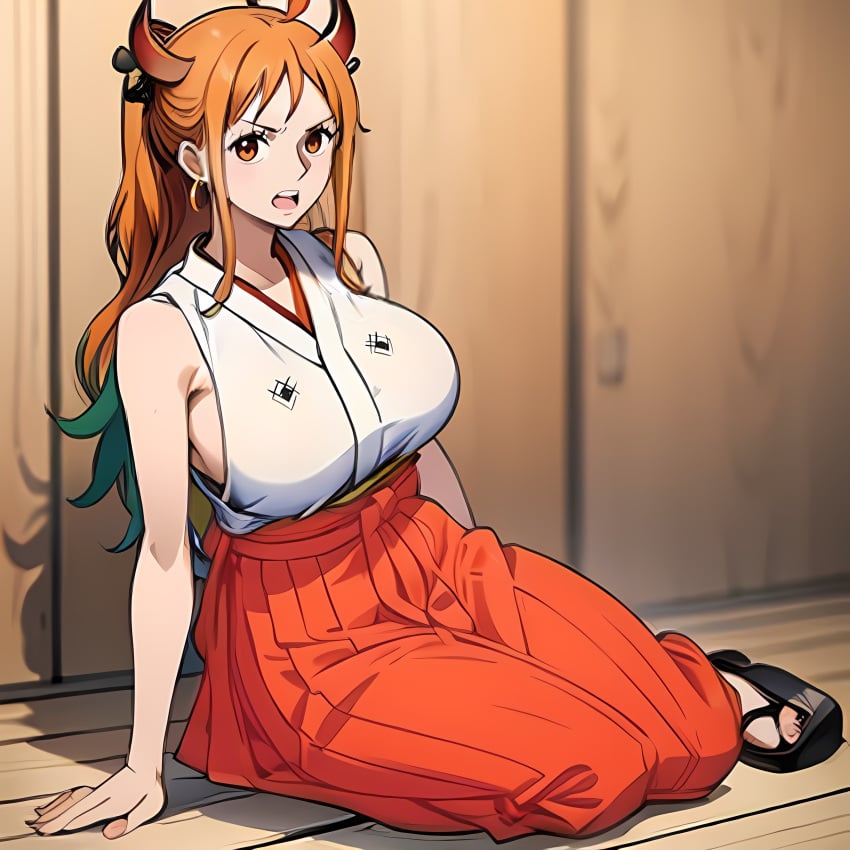 1girls ai_generated alternate_costume big_breasts female female_only gradient_hair hakama hi_res highres horns huge_breasts kimono large_breasts long_hair looking_at_viewer multicolored_hair nami nami_(one_piece) notacthulhu one_piece oni oni_horns orange_eyes orange_hair post-timeskip sideboob sleeveless sleeveless_kimono tagme yamato_(one_piece)_(cosplay)