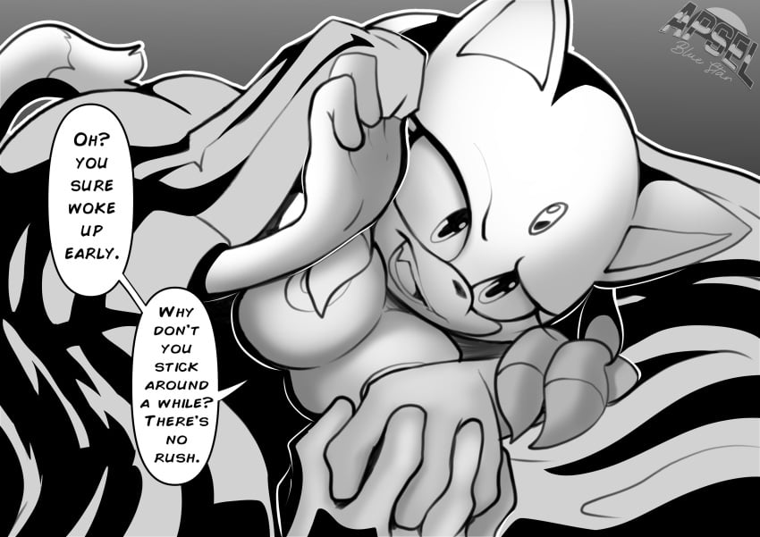 absurd_res anthro apsel_bluestar bed big_breasts blaze_the_cat breasts clothed clothing cover dialogue english_text eulipotyphlan female first_person_view furniture hair hand_holding hedgehog hi_res long_hair mammal monochrome nipples sega solo sonic_(series) sonic_the_hedgehog_(series) speech_bubble text topless topless_female