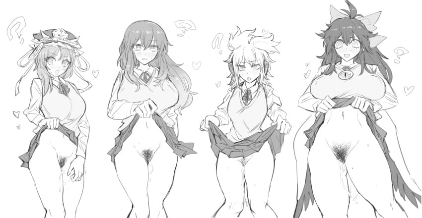 4girls :d ? absurdres alternate_costume asymmetrical_hair bird_wings blush breasts cape clothes_lift collared_shirt commentary_request covered_nipples earmuffs feet_out_of_frame female_pubic_hair frilled_hat frills greyscale hair_between_eyes hat heart heart-shaped_pupils highres hijiri_byakuren large_breasts long_hair long_sleeves looking_at_viewer low_wings medium_bangs medium_hair messy_hair monochrome multiple_girls navel neck_ribbon no_panties oerba_yun_fang open_mouth pubic_hair pussy pussy_juice reiuji_utsuho ribbon senmura shiki_eiki shirt simple_background skirt skirt_lift small_breasts smile standing sweater_vest symbol-shaped_pupils third_eye touhou toyosatomimi_no_miko wings