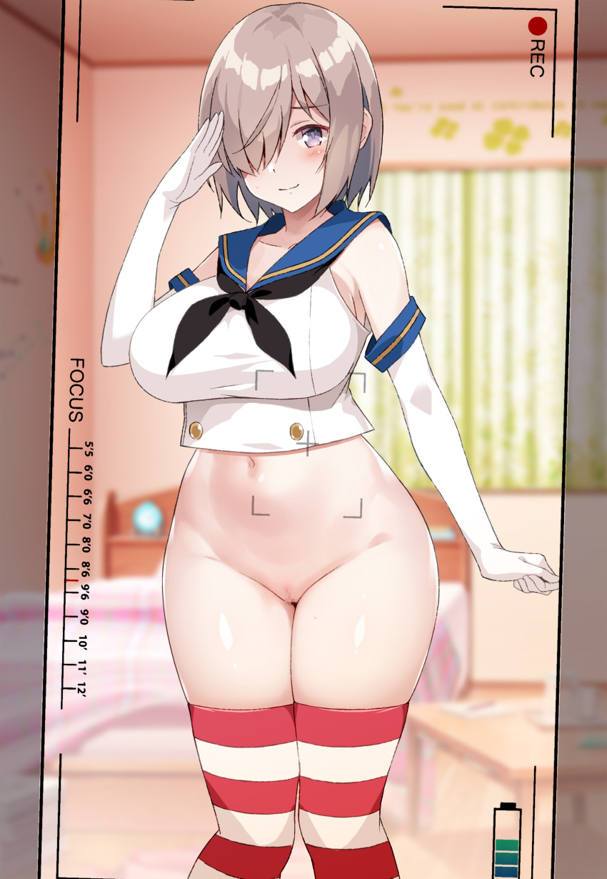 absurdres arm_at_side blue_eyes blue_sailor_collar blurry blurry_background bottomless breasts brown_hair censored cosplay crop_top depth_of_field elbow_gloves female female_only gloves hair_over_one_eye hand_up highres horny indoors kantai_collection large_breasts legs_together mosaic_censoring nakamura_yukitoshi navel one_eye_covered pussy recording red_thighhighs sailor_collar shimakaze_(kantai_collection) shimakaze_(kantai_collection)_(cosplay) shirt short_hair solo solo_female standing striped striped_thighhighs thighhighs white_gloves white_shirt white_thighhighs