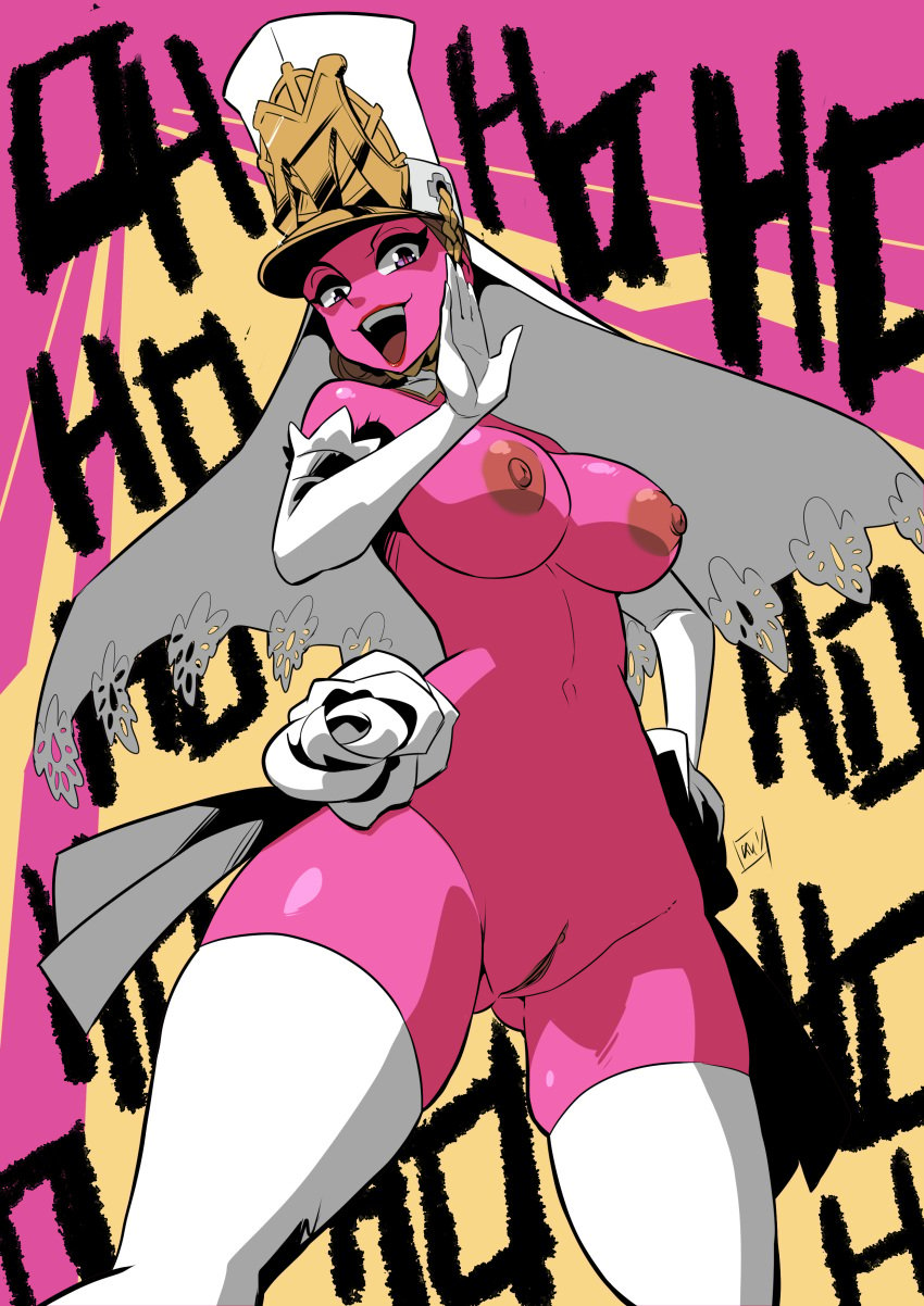 1girls alternate_version_available areola areolae armwear ass_visible_through_thighs atlus big_breasts bride bride_veil brown_hair casual elbow_gloves exposed_torso female female_only headwear kukuruyo laugh laughing legwear lipstick long_boots long_gloves marie_anto nipples nude nude_female persona persona_5 persona_5_tactica pink_body pink_skin pussy red_lips red_lipstick white_boots white_gloves white_long_gloves