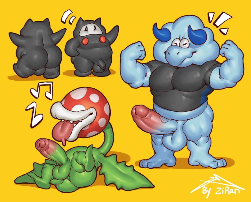 anthro ass_focus ass_view balls biceps biped black_body blue_body blue_horns bulrush_(mario) butt_focus butt_view elemental_creature erection flexing flora_fauna genitals green_body group hi_res horns humanoid male male_only mario_(series) music_notes ninji_(mario) nintendo penis piranha_plant plant simple_background super_mario_bros._wonder tongue_out trio yellow_background zi_ran