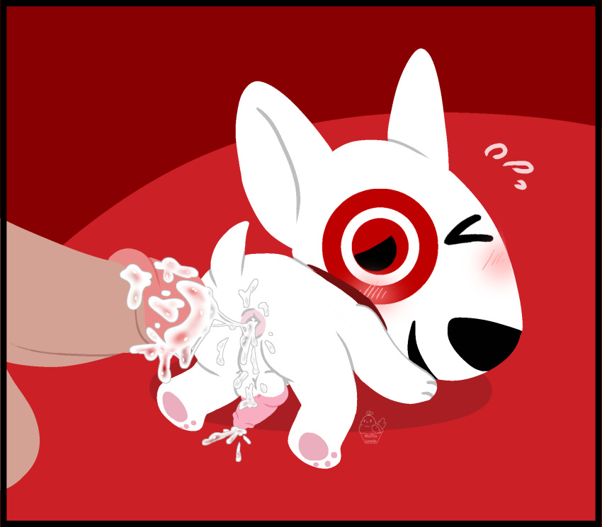 1:1 affront_to_nature after_sex anal anthro anus ass balls blush bodily_fluids bull_terrier bullseye_(target) canid canine canis cum cum_in_ass cum_inside cum_on_balls cum_on_butt cum_on_penis digital_drawing_(artwork) digital_media_(artwork) domestic_dog duo erection fur genital_fluids genitals hi_res humanoid_genitalia humanoid_penis hunting_dog looking_at_viewer looking_back male male/male male_penetrated mammal mascot muffinlewds nude offscreen_character on_model one_eye_closed open_mouth penetration penis presenting presenting_hindquarters simple_background smile solo_focus tail target target_corporation terrier white_body white_fur wink yaoi