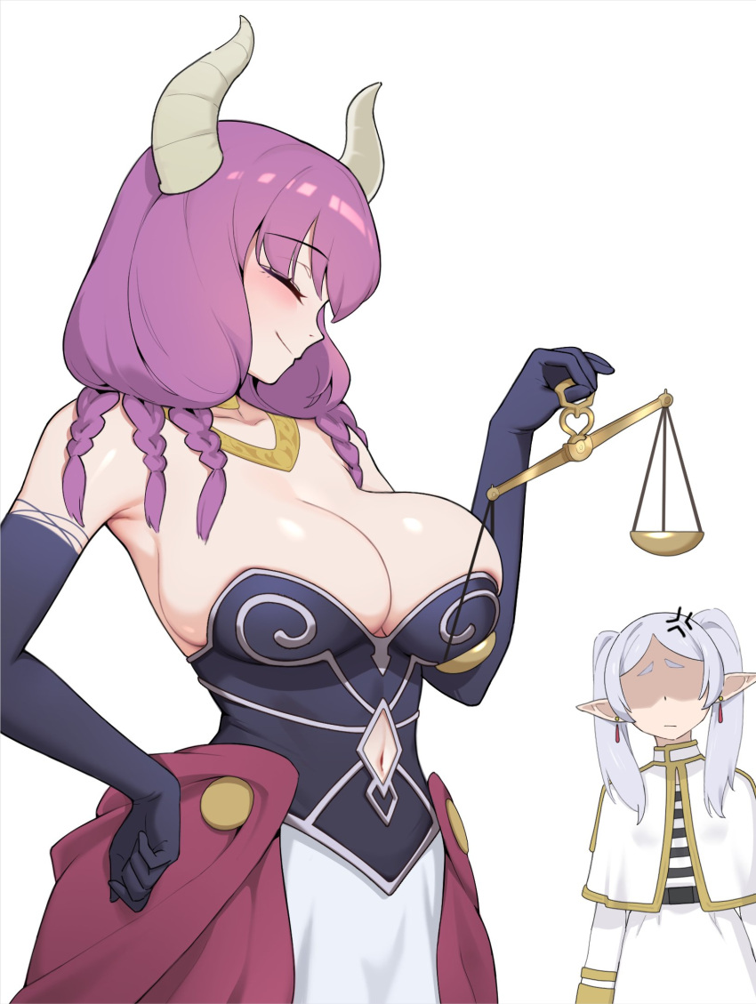 2girls aura_(sousou_no_frieren) breast_envy cleavage closed_eyes demon_girl female female_only flat_chest frieren houkago_shounen huge_breasts multiple_girls navel_cutout scale shaded_face smug smug_smile sousou_no_frieren tubetop unamused weighing