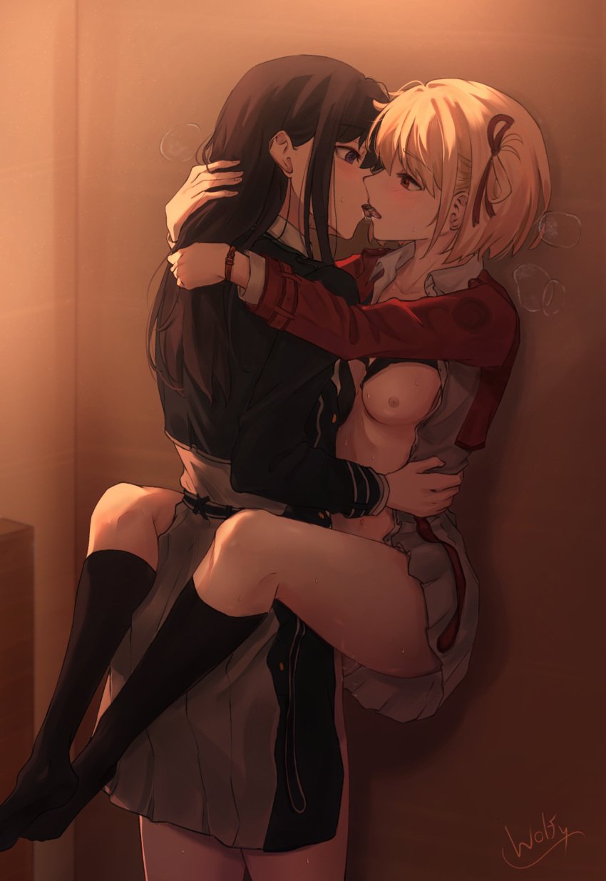 2girls absurdres against_wall arms_around_neck black_hair black_socks blonde_hair blue_dress bob_cut breasts chxoswolf collared_shirt commission dress english_commentary eye_contact french_kiss grey_dress hair_ribbon highres indoors inoue_takina kissing kneehighs leg_lock lifting_person long_hair long_sleeves looking_at_another lycoris_recoil lycoris_uniform medium_breasts multiple_girls nipples nishikigi_chisato open_clothes open_dress open_shirt pleated_dress purple_eyes red_dress red_eyes red_ribbon ribbon saliva shirt short_hair signature socks sweat two-tone_dress white_shirt yuri