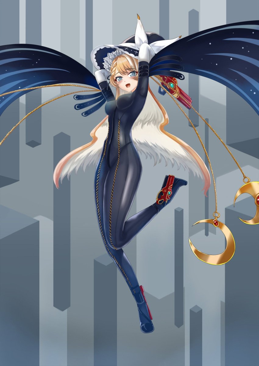 1girls armwear bayonetta bayonetta_(cosplay) blonde_hair blue_boots blue_eyes blue_skinsuit blue_suit blush blush_lines blushing blushing_at_viewer boots boots_clothing clothed clothing commission cosplay crescent_moon crossover der_zweite light-skinned_female light_skin looking_at_viewer magic medium_breasts meeta_osita mouth_open open_mouth oracle_(v&u) shiny shiny_clothes shiny_suit skin_tight skin_tight_suit skinsuit suit twin_braids virtual_and_universe_(v&u) virtual_youtuber vtuber white_armwear white_clothing witch witch_hat