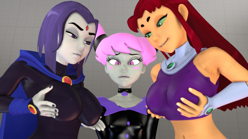 3d 3d_(artwork) 3girls big_breasts breasts dc dc_comics duranomates female female_only green_eyes jinx_(dc) multiple_girls pink_eyes pink_hair purple_eyes purple_hair raven_(dc) red_hair starfire tagme teen_titans