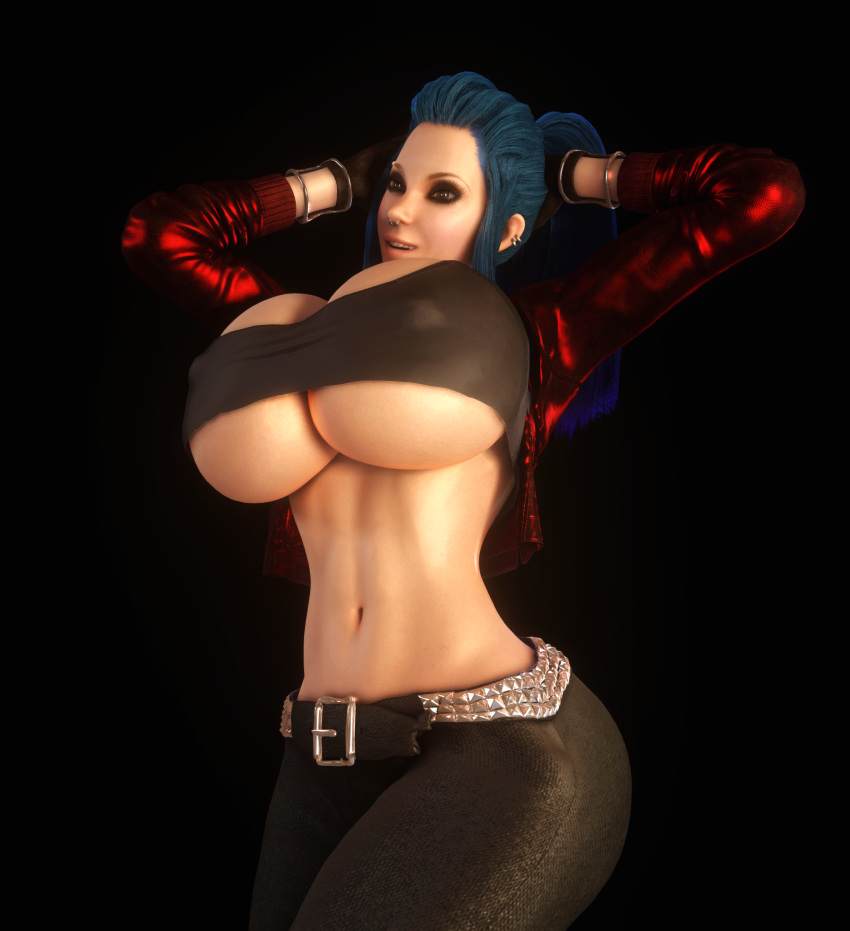 1girls 3d 3d_(artwork) becca_(vaako) belt blue_hair breasts_bigger_than_head breasts_bigger_than_torso brown_eyes choker cleavage clothed clothed_female female female_only female_solo fingerless_gloves gigantic_breasts gloves hand_behind_head hourglass_figure huge_breasts human human_female human_only jacket long_hair midriff necklace nipples nipples_visible_through_clothing nose_piercing oc original_character overboob pants pierced_ears pierced_nose piercing piercings skin_tight skindentation small_waist solo solo_female thin_waist tight_clothing top_heavy underboob upper_body vaako wasp_waist wide_hips