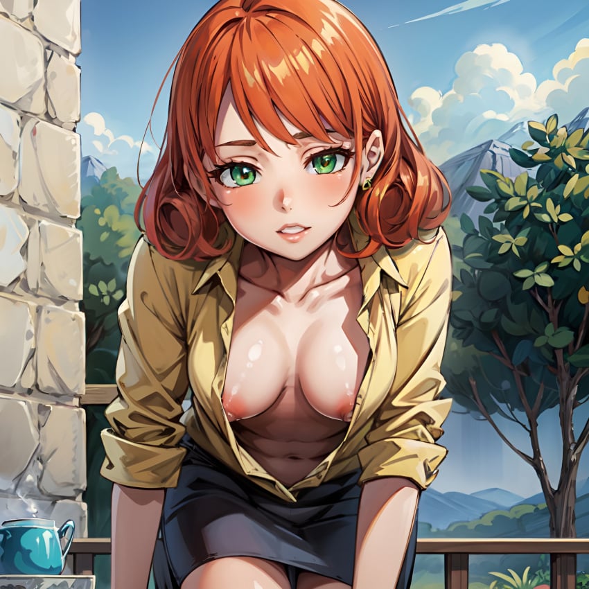 1girls ai_generated arbitrary down_blouse earrings ginger green_eyes hi_res leaning_forward looking_at_viewer nipple_peek open_shirt orange_hair penny_(stardew_valley) short_hair small_breasts stable_diffusion stardew_valley