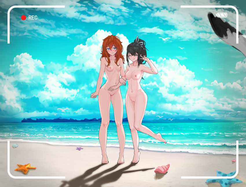 2girls barefoot beach black_hair blanca:_a_broke_girl_in_the_slums blanca_(blanca) blanka:_a_broke_girl_in_the_slums blanka_(blanka) blue_eyes breasts casual completely_nude completely_nude_female duskcraft embarrassed exhibitionism female female_only guadalupe_(blanca) guadalupe_(blanka) human long_hair medium_breasts multiple_girls navel nipples nude nude_female nudist ocean pale_skin ponytail public public_indecency pussy recording red_hair small_breasts