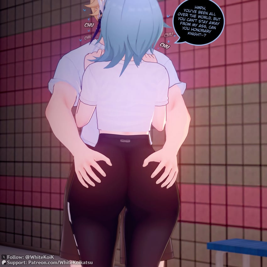 1boy 1girls 3d aether_(genshin_impact) ass_grab dialogue eula_(genshin_impact) fat_ass genshin_impact image kissing koikatsu mihoyo sex short_hair straight taller_male text thick_thighs whitekoi